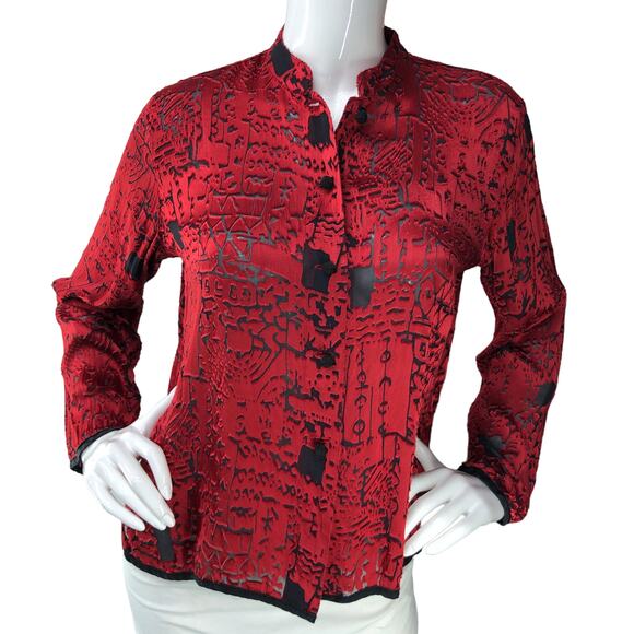 Chicos Design Womens Size 0 US 4 Top Silk Blend Burnout Shirt Button Front Red - Picture 11 of 14